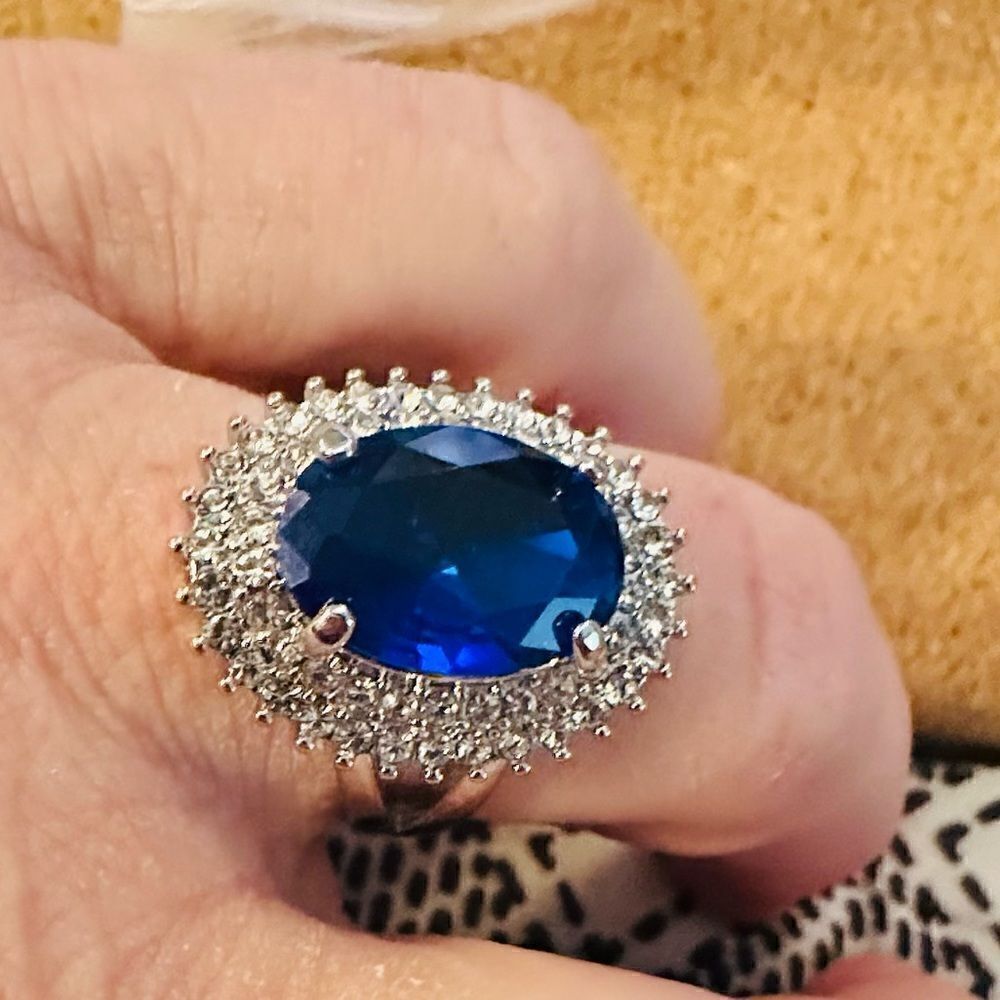 925 STERLING SILVER BLUE TANZANITE RING DOUBLING W CZ DIAMONDS BLING SPARKLY